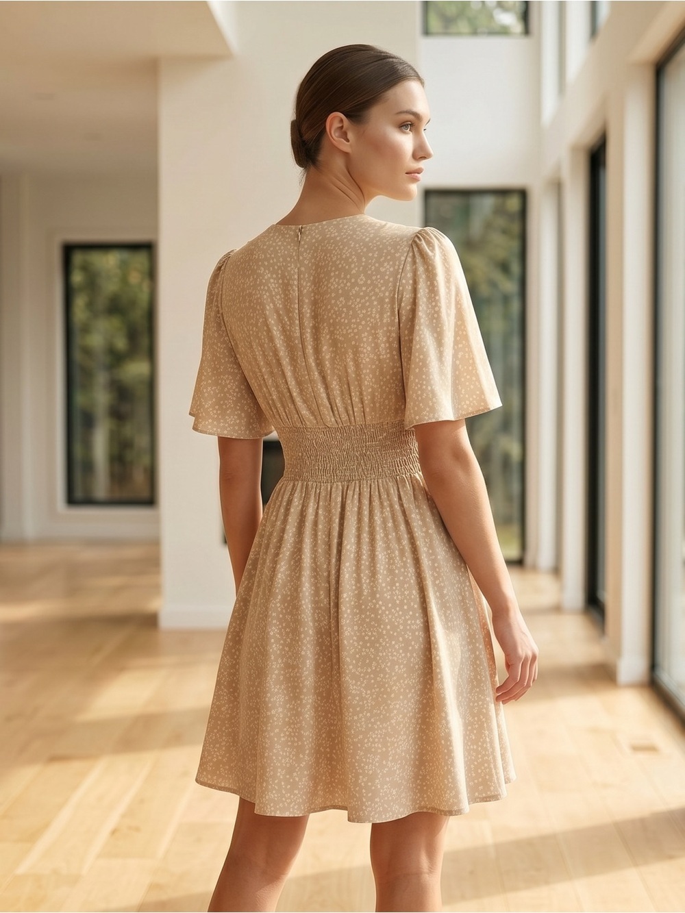 SHEIN Elegant Beige V-Neck Mini Dress w/ Flutter Sleeves Beautiful Empire Waist - Picture 2 of 2